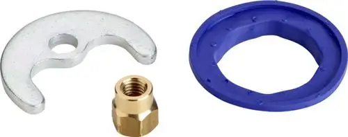Befestigungsset von Ideal Standard, bestehend aus einer gekrümmten metallischen Halteplatte, einer goldenen Mutter und einem blauen Dichtungsring.